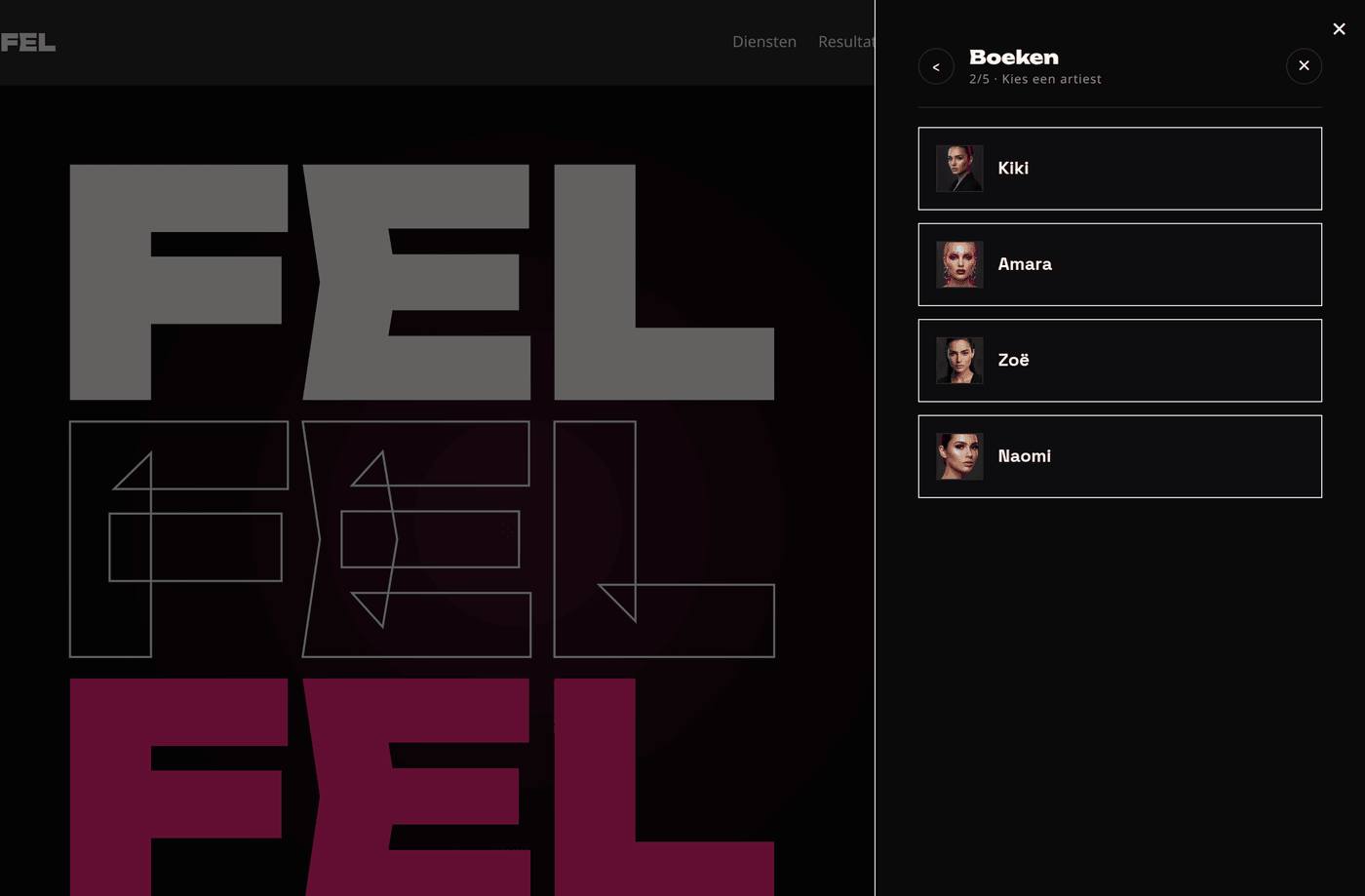 FEL online booking — kies een artiest (artist calendars)