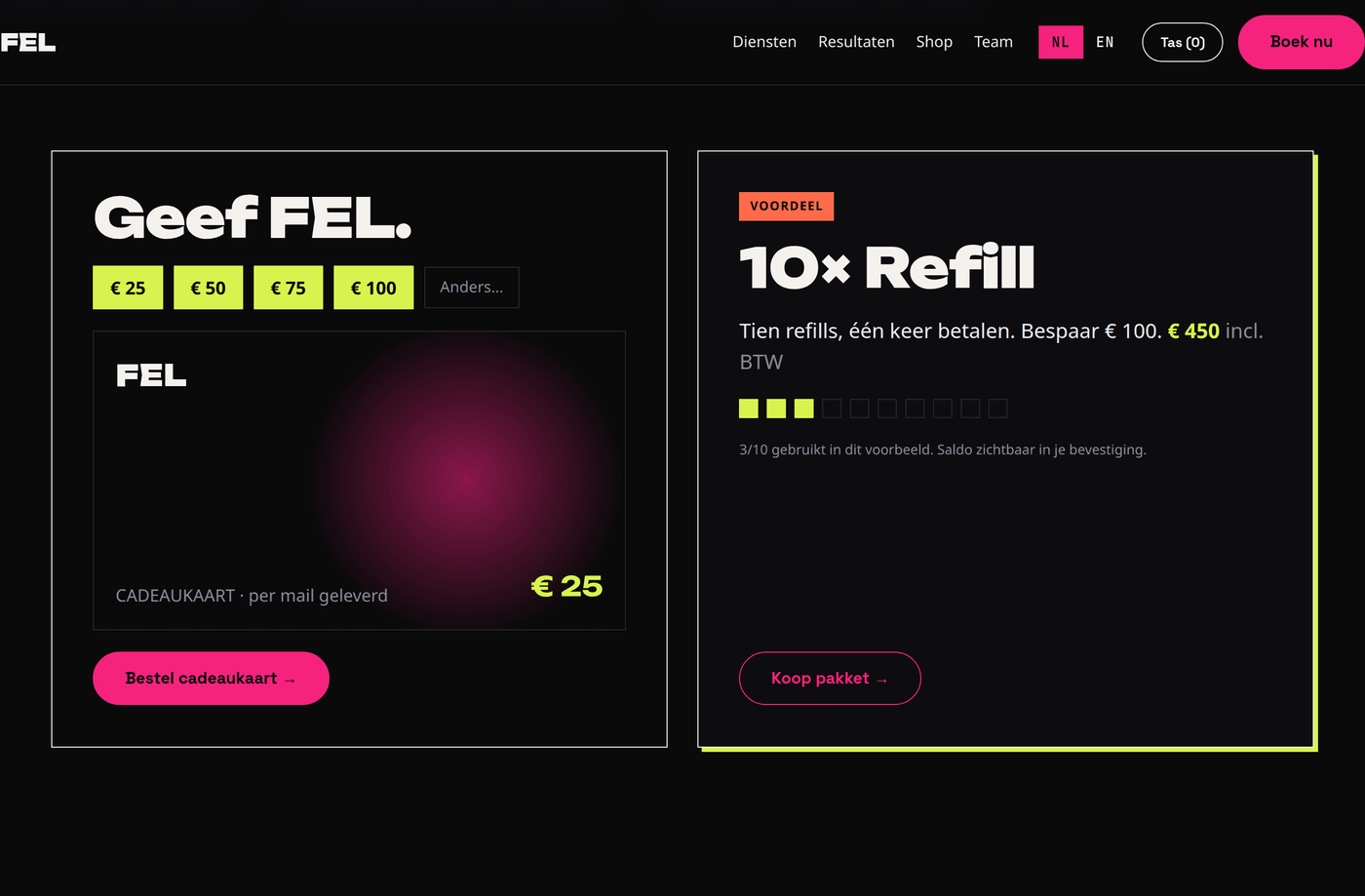 FEL cadeaukaarten en pakketten (gift cards & packages)